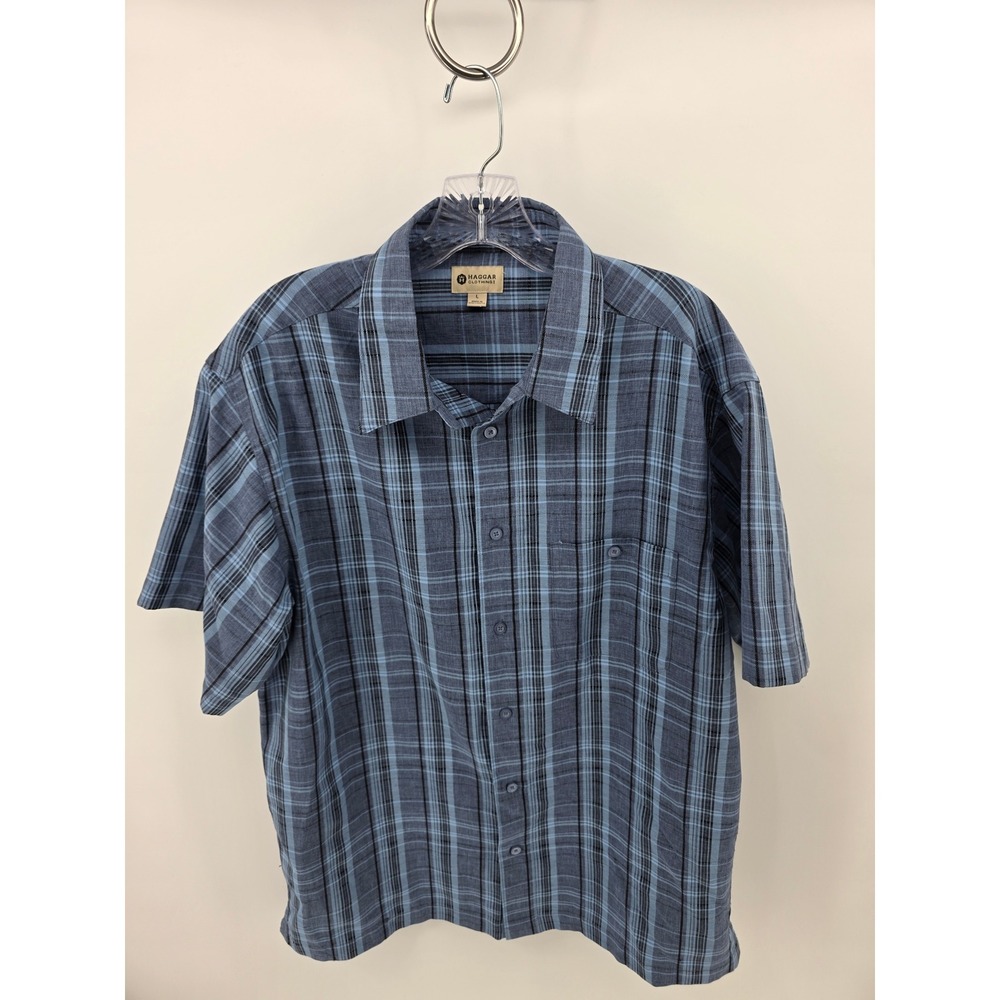 Haggar Mens Blue Black Plaid Short Sleeve Button Down Shirt Large 3039